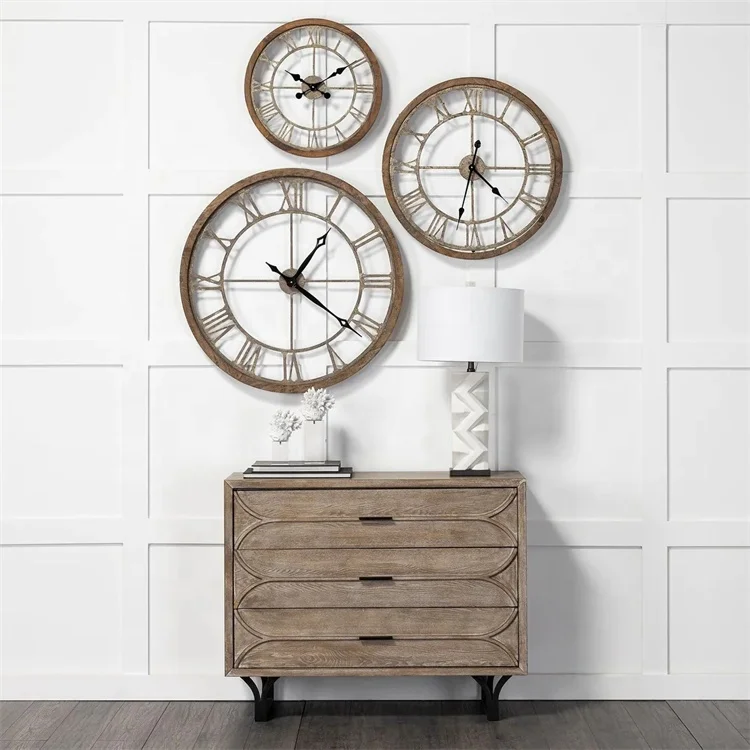 Antique Rustic Metal Wood Clocks Farmhouse Gold Roman Round Wall Clock Quartz Clock Movements for Home Living Room Decoration
