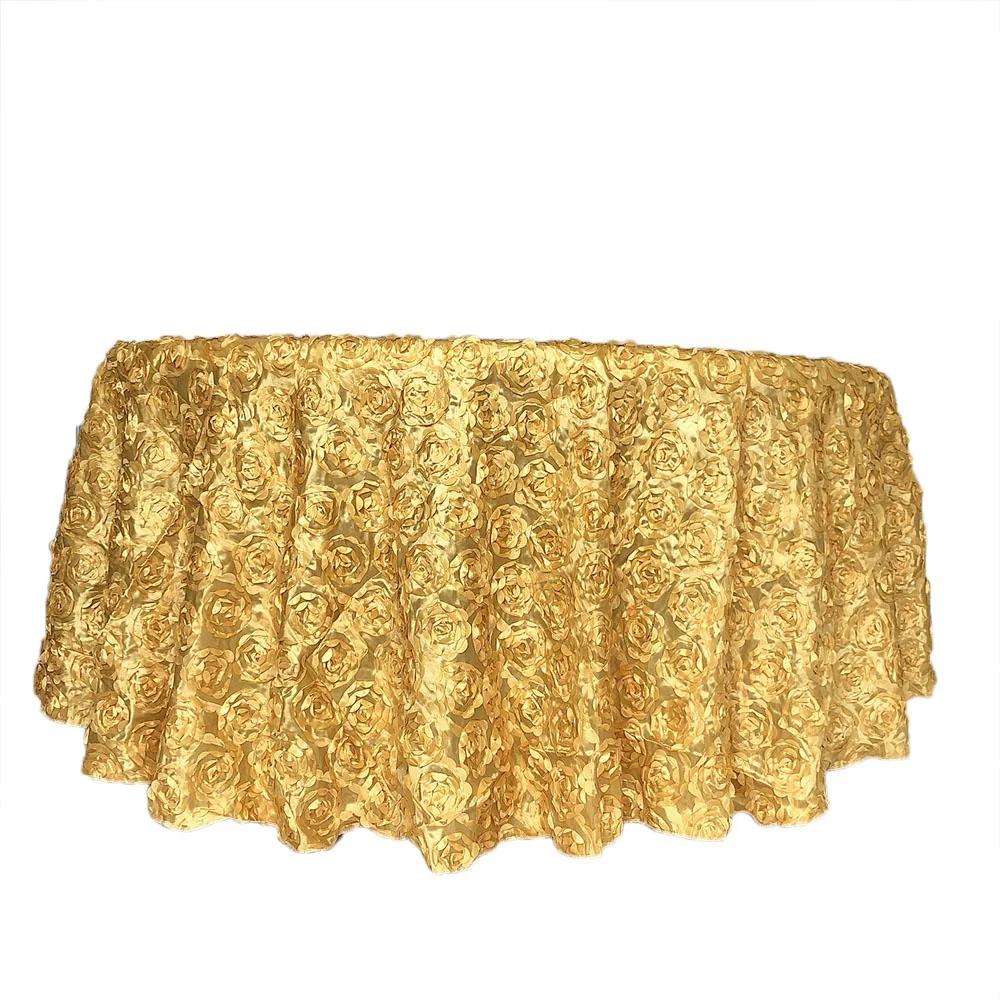 Satin Raised Rosettes Gold 3D Floral Tablecloth for Wedding Party