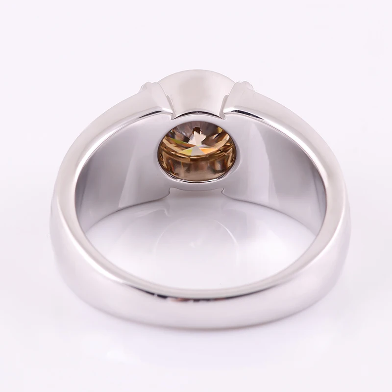 Champagne VVS1 Lab Grown Moissanite Diamond White Gold Man Ring 9mm 3ct Bezel Setting 14K White Gold Plated Silver 925