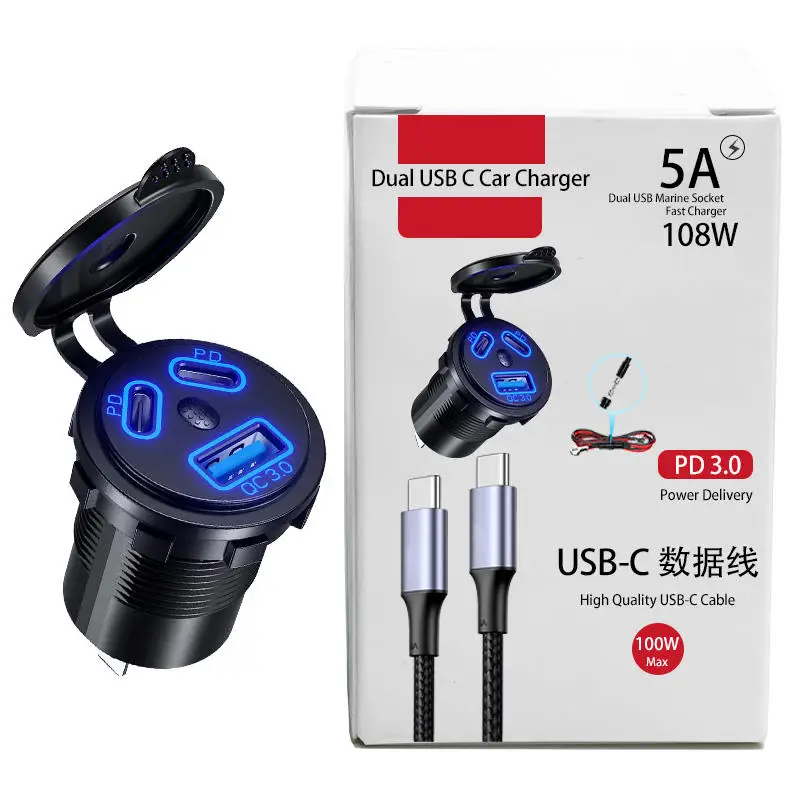 3 Ports On Off Button Switch Car Charger Socket Dual Type USB C Port QC 3.0 USB Car Charger For CAR