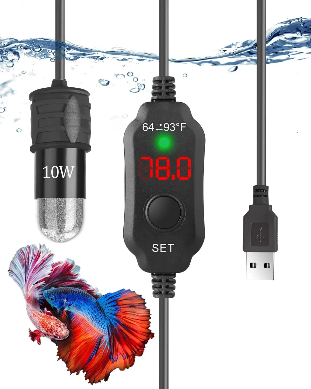 Adjustable Turtle Fish Tank Temperature Control Submersible Electric Water Rod Mini USD Aquarium Heater with LED Display