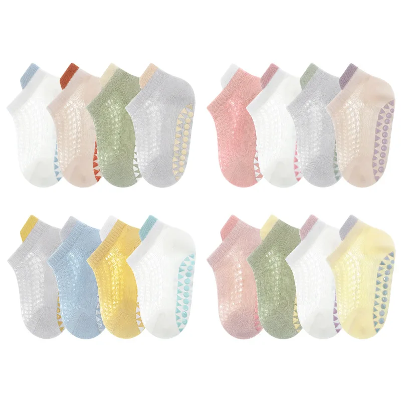Cotton anti slip baby trampoline socks baby and toddler floor socks 4-pair set of glue mesh boat socks