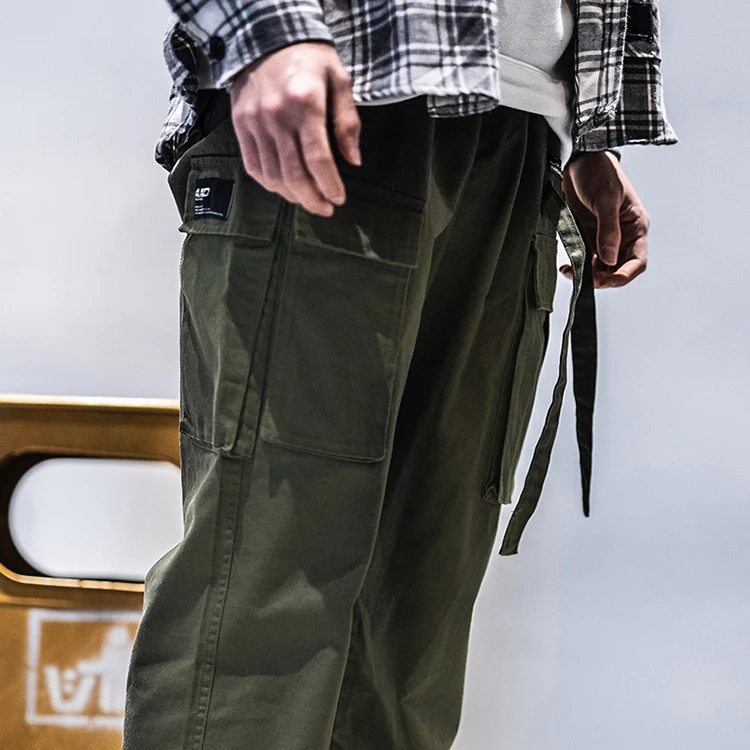 Mens hot selling casual vintage hip hop wide leg straight trousers autumn army green webbing cotton baggy cargo pants