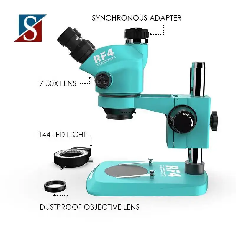 Factory price RF4 RF7050TV stereo trinocular Microscopio Pcb Bga mobile repair 144 LED light 7-50X microscopes