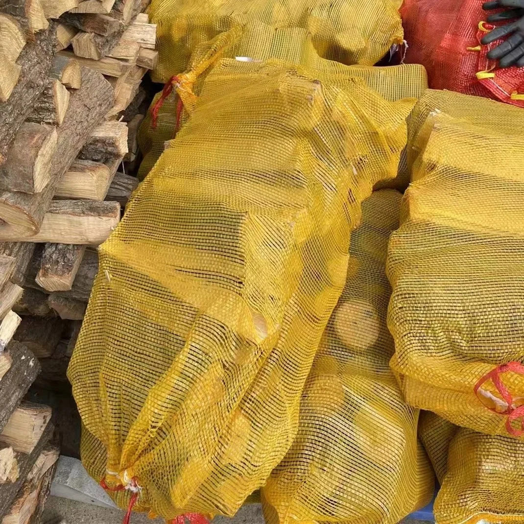 Long durable UV protection firewood mesh bag custom produce mesh fire wood bags for kindling wood onion potato vegetable fruit