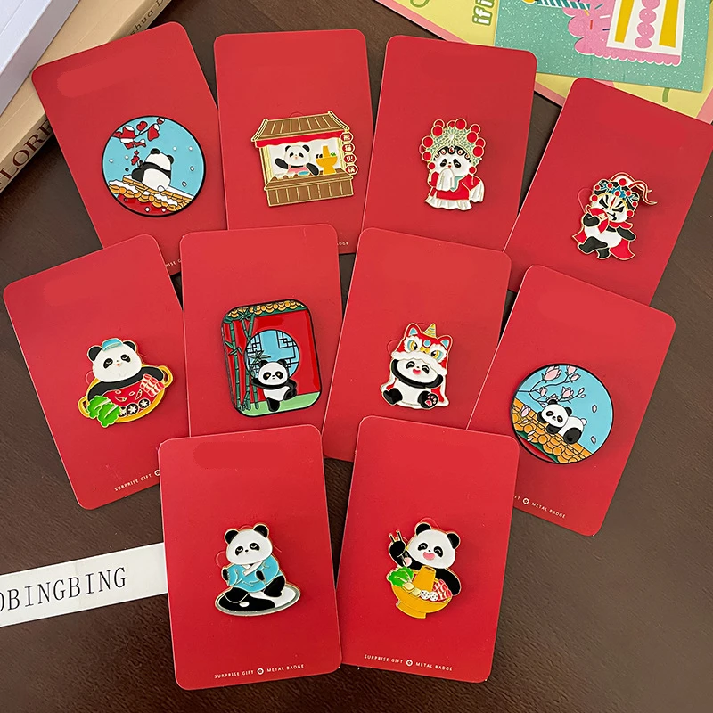 Chinese Style Kung Fu Tea Chinese Quintessence Red Panda Brooch Pin Badge Tai Chi Peking Opera Lion Dance Cartoon Cute Pin