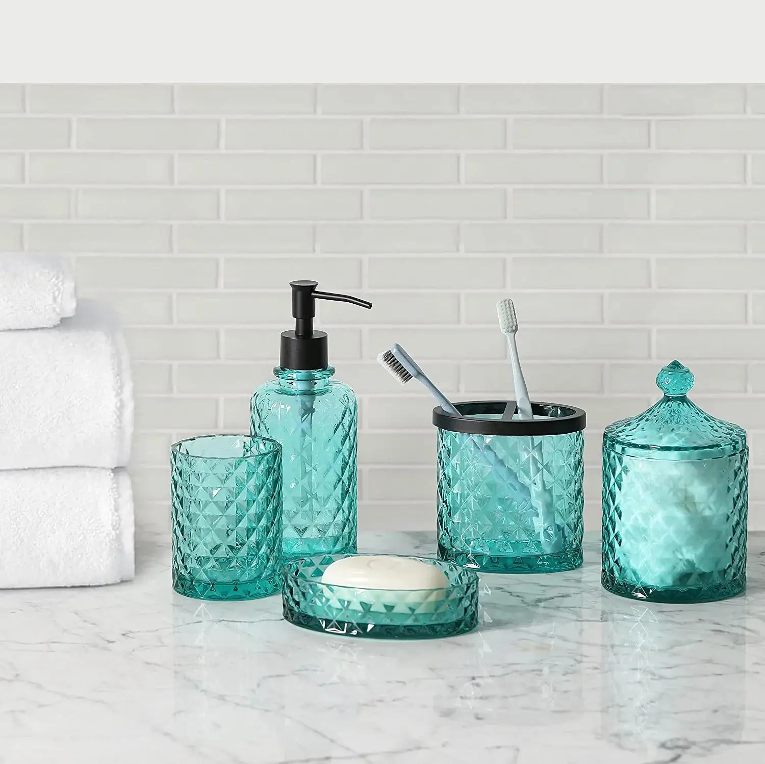 Wholesale Luxury five-piece Glass Crystal Farmhouse Bathroom Accessories Set With Tray Popular