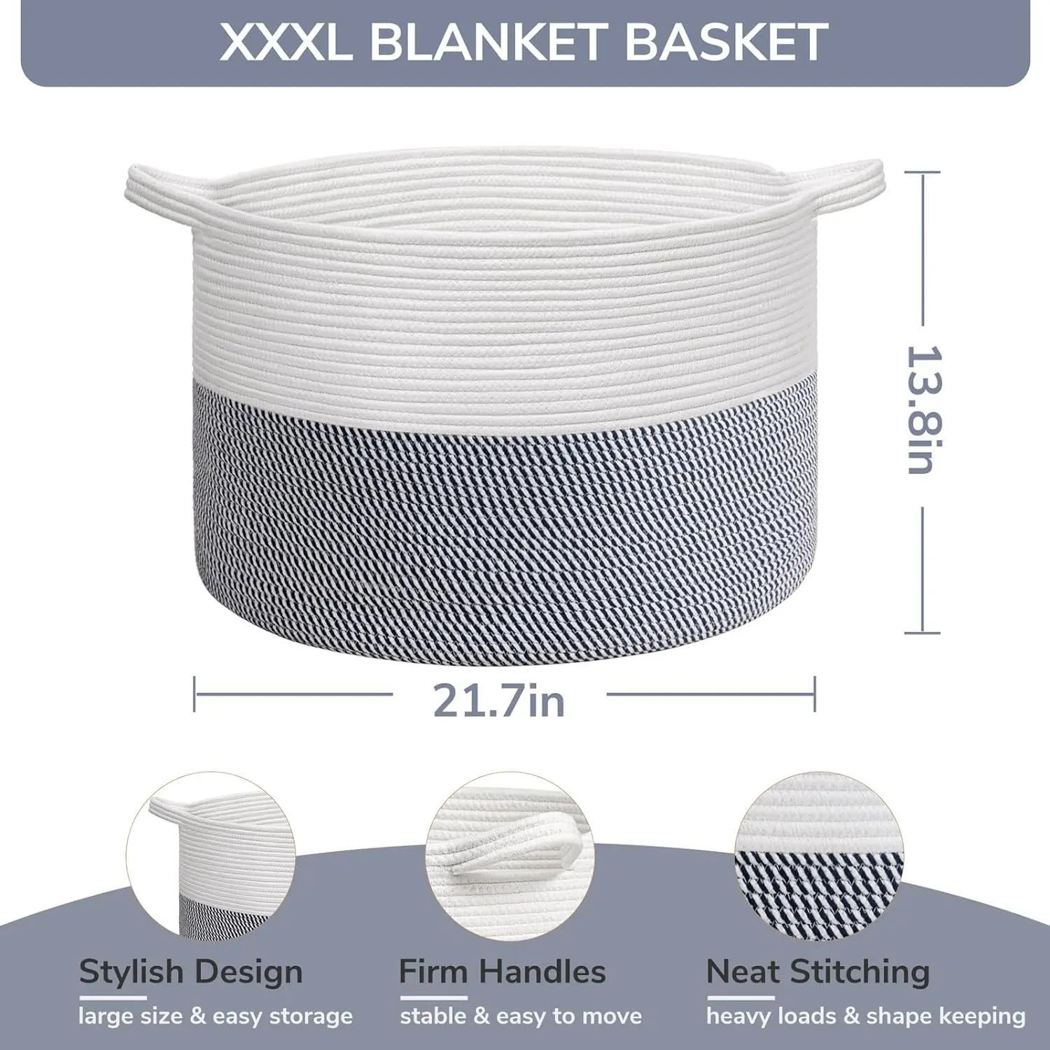 Woven Rope Basket with Handle, Cotton,Laundry Hamper, Basket Storage For Baby Laundry, Blanket, Toy, Comforter Cushions Navy