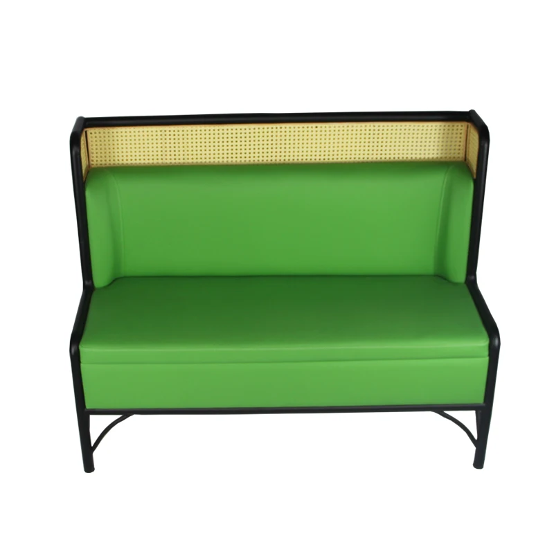 Metal rattan  frame  and upholstered PU leather soft cushion restaurant green furniture seat