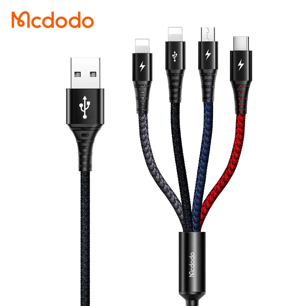 Mcdodo Fast Charging Multi Functional 1.2M 4 in 1 Usb Data Cable for iPhone Micro Type-C Dual Lighting 4in1 Phone Charging
