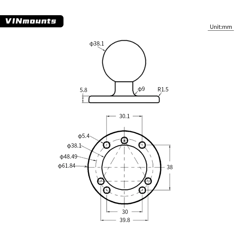 Universal Marine Electronic fish finder Mount 1.5 Inch Ball Head Hummingbird Fishfinder Kayak Mount