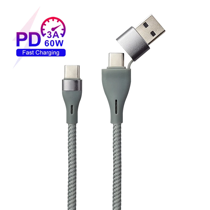 Wholesale SA80-2-c grey color 3A 1m  PD quick charger 2in1type c cable  USB charging cable portable  date cable
