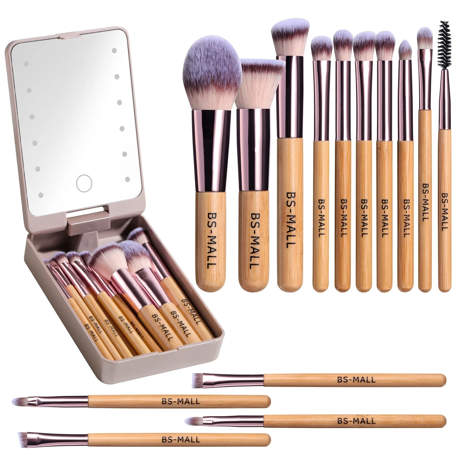 BS-MALL New Bamboo Makeup Brush Set with Mirror Case Custom Logo 14PCS BS-MALL Vegan Travel LED Mirror Makeup Brushes Set