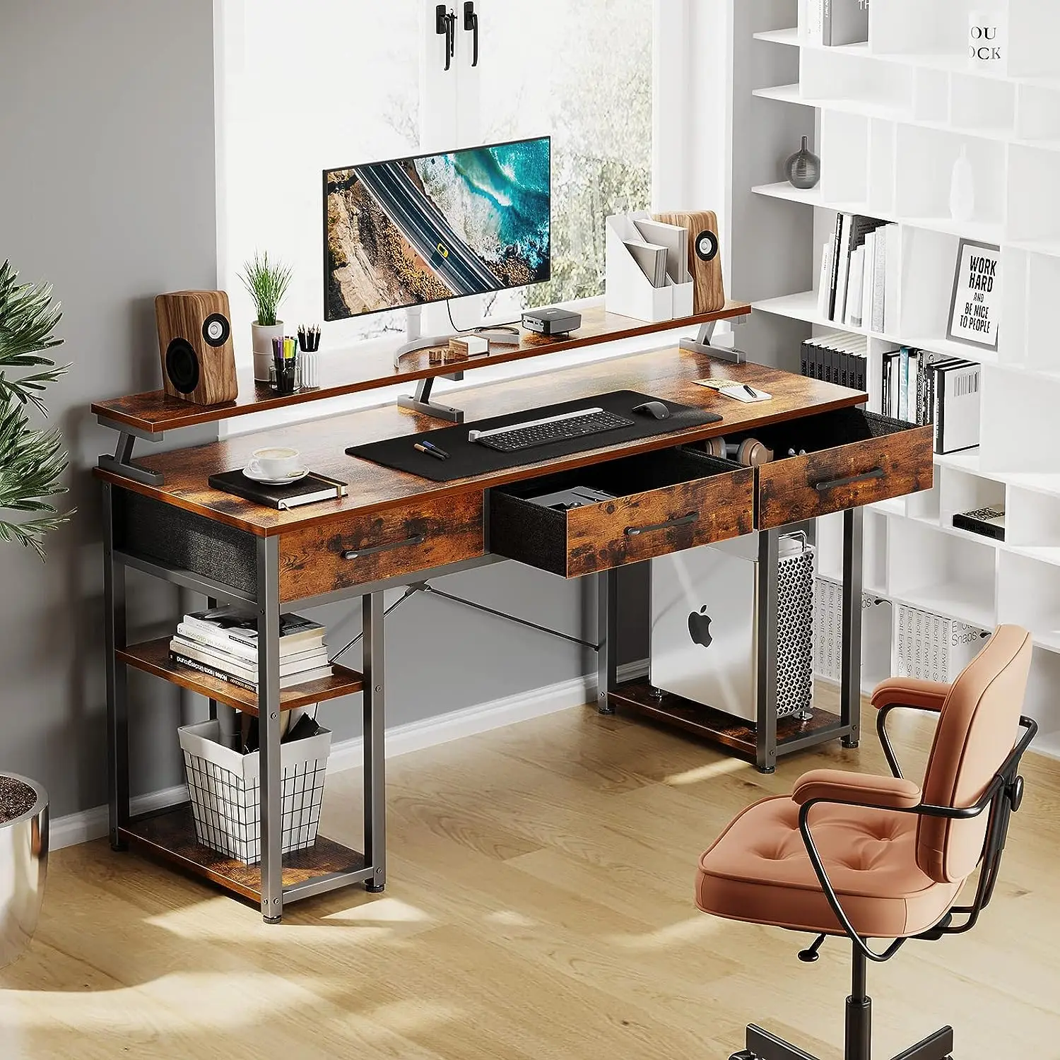 Ikegao 202355 inch Home Office Desk Modern Work Study Writing Table Desk Computer Desk with Drawers and Storage Shelves