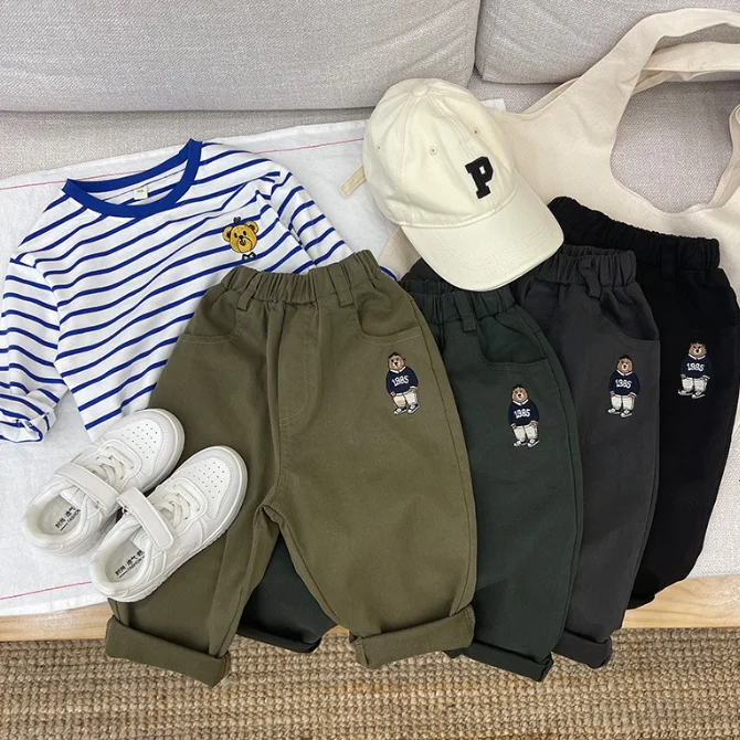 KS0922 Teddy embroidery kids cotton pants casual boys casual trousers long children kids pants