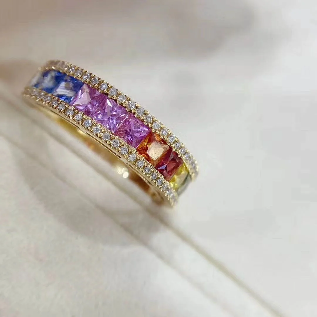 Color Sapphire Rainbow Pure 9K 10K 14K 18K Gold Jewelry Real Diamond Rings ring for women