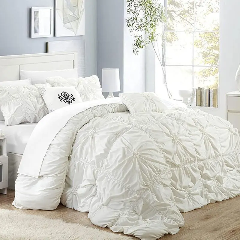 Fluffy 6 Piece Bedding Set Floral Pinch Pleated Ruffled 100% Microfiber Queen Size Comforter Set