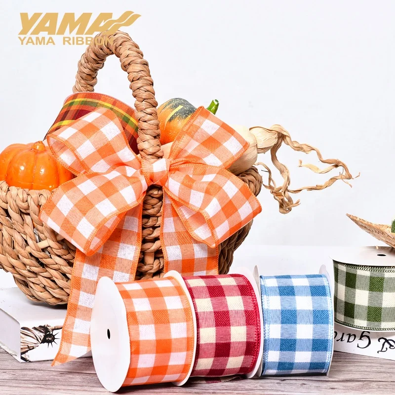 Yama Ribbon Stock Low MOQ 2.5Inch 63MM 10Yards Fall Style Linen Plaid Wire Edge Ribbon Roll