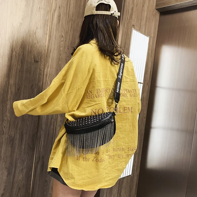 
Single-shoulder cross-body bag Joker tassel bag web celebrity with rivet wide band bag women purses 