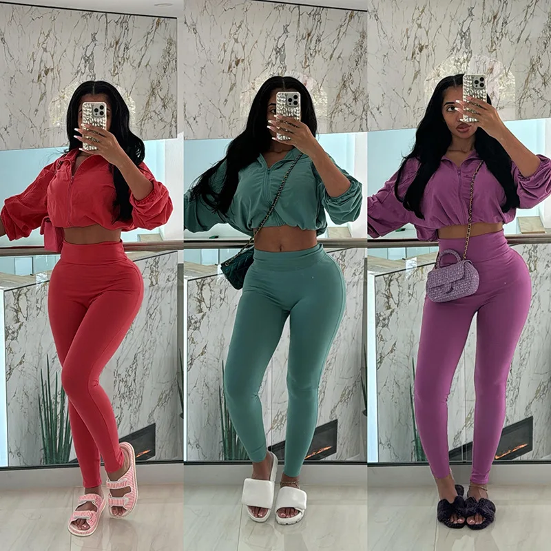 8 Colors casual sport two pieces sweat suit with long sleeve cardigan crop top sweatshirt and high waist tight legging