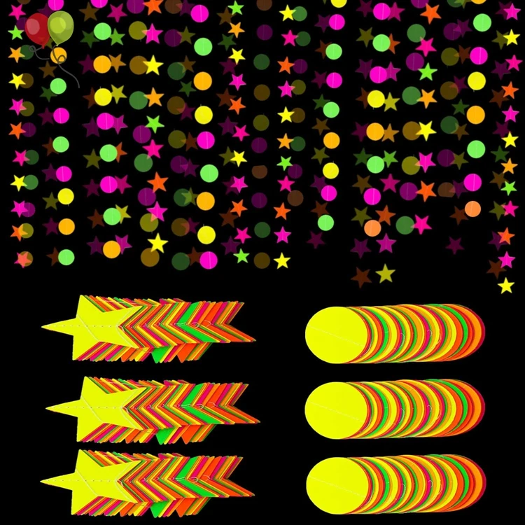 78ft Black Light Neon Star Circle Dots Paper Garland Banner Hanging Decorations Birthdays Party Wedding Decorations KD347
