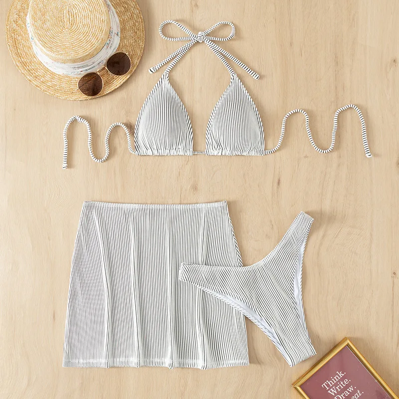 JSMANA Halter Lace-Up Triangle 3 piece Custom Women Cover Up Extreme Sexy Bathing Suits Thong Swimsuit Bikini Set