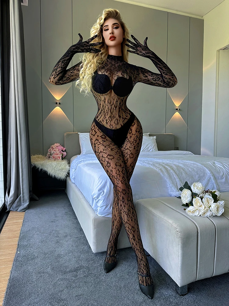 Sexy Long Sleeve Bodysuit for Women New Leopard Transparent Bodystocking Mesh Sheer Erotic Lingerie Closed Crotch Design