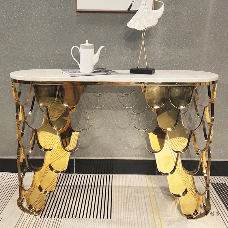 Modern Marble Top God Stainless Steel Fish Scale Console Table for Living Room Kitchen Entry House Gorgeous Corner Hallway Table