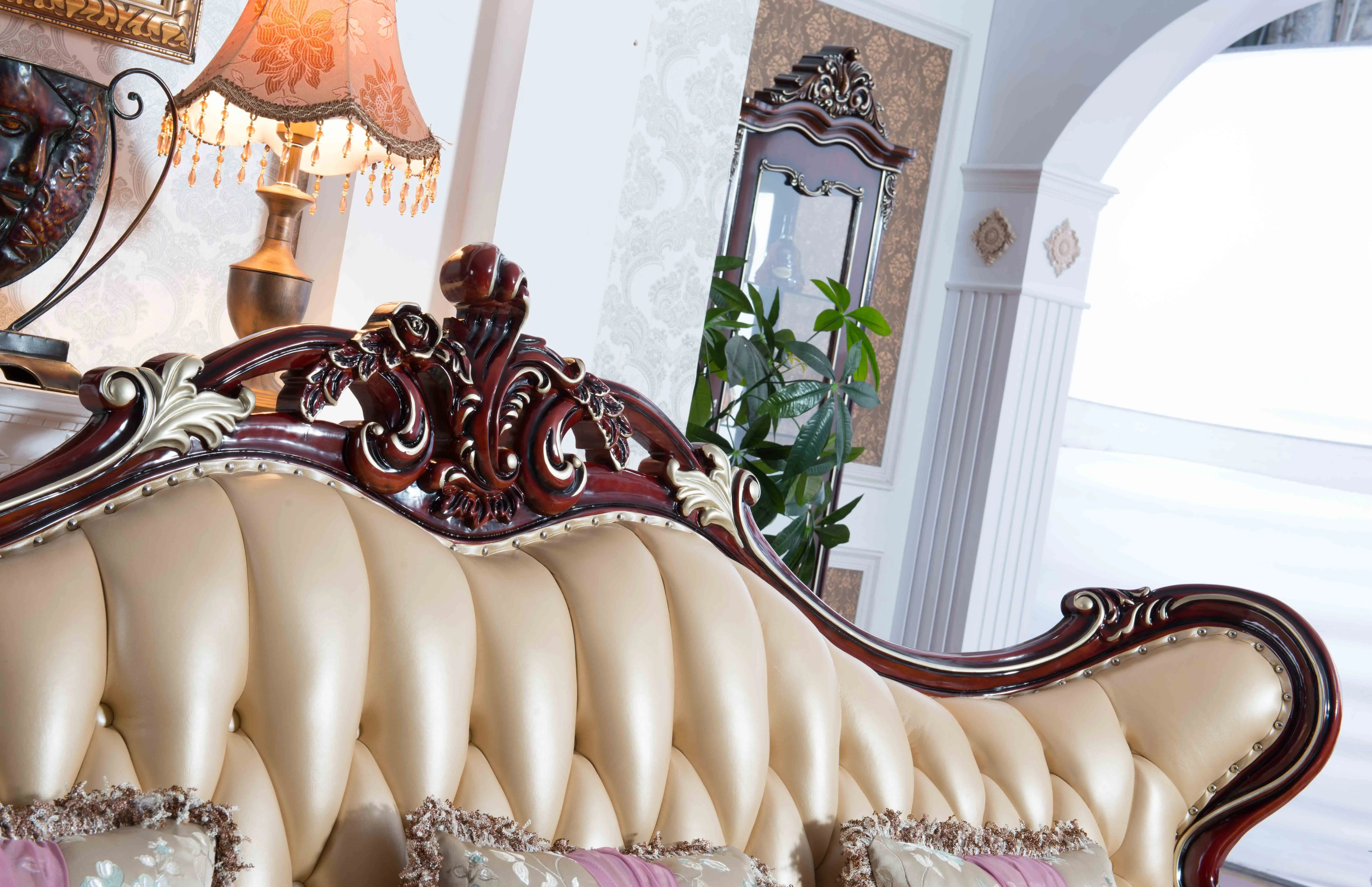 brown color solid oak wood European luxury cowhide leather sectional sofa, living room sofas