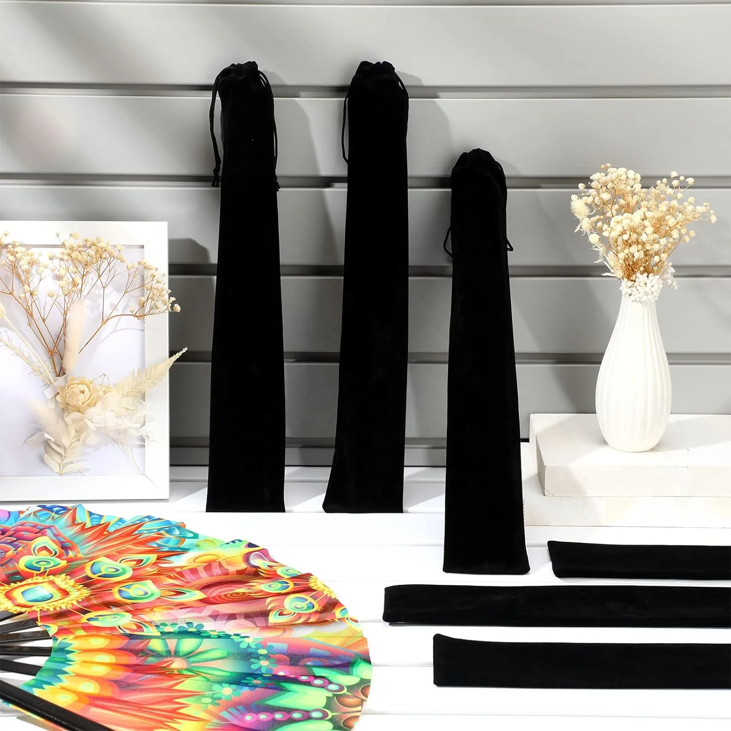 Large Velvet Folding Hand Fan Bag with Drawstring 14.57 x 2.76 in Black Fabric Sleeve Hand Fan Protector Gift Wrap Bags Gift