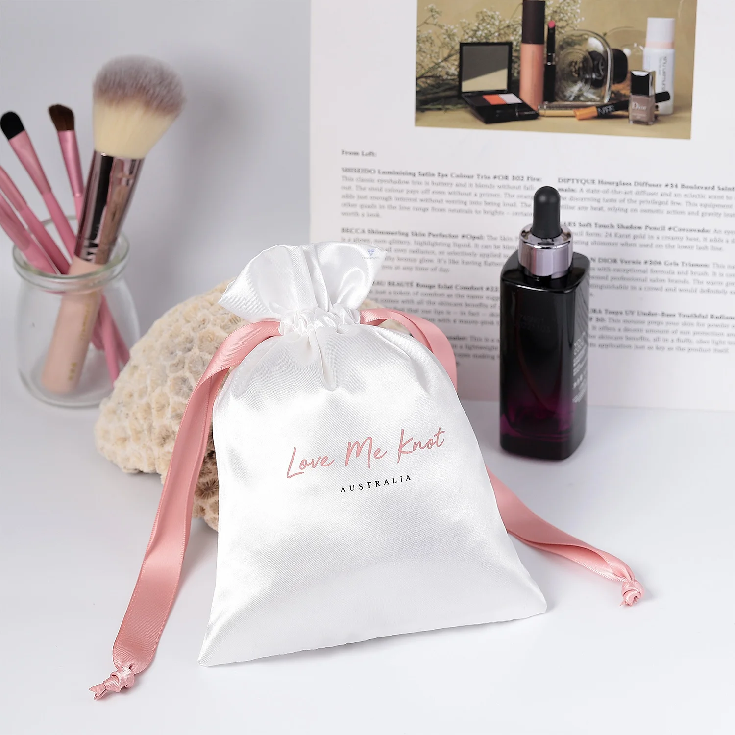 Hot sale small hair bundles jewelry packaging custom drawstring white satin wig bags with logo