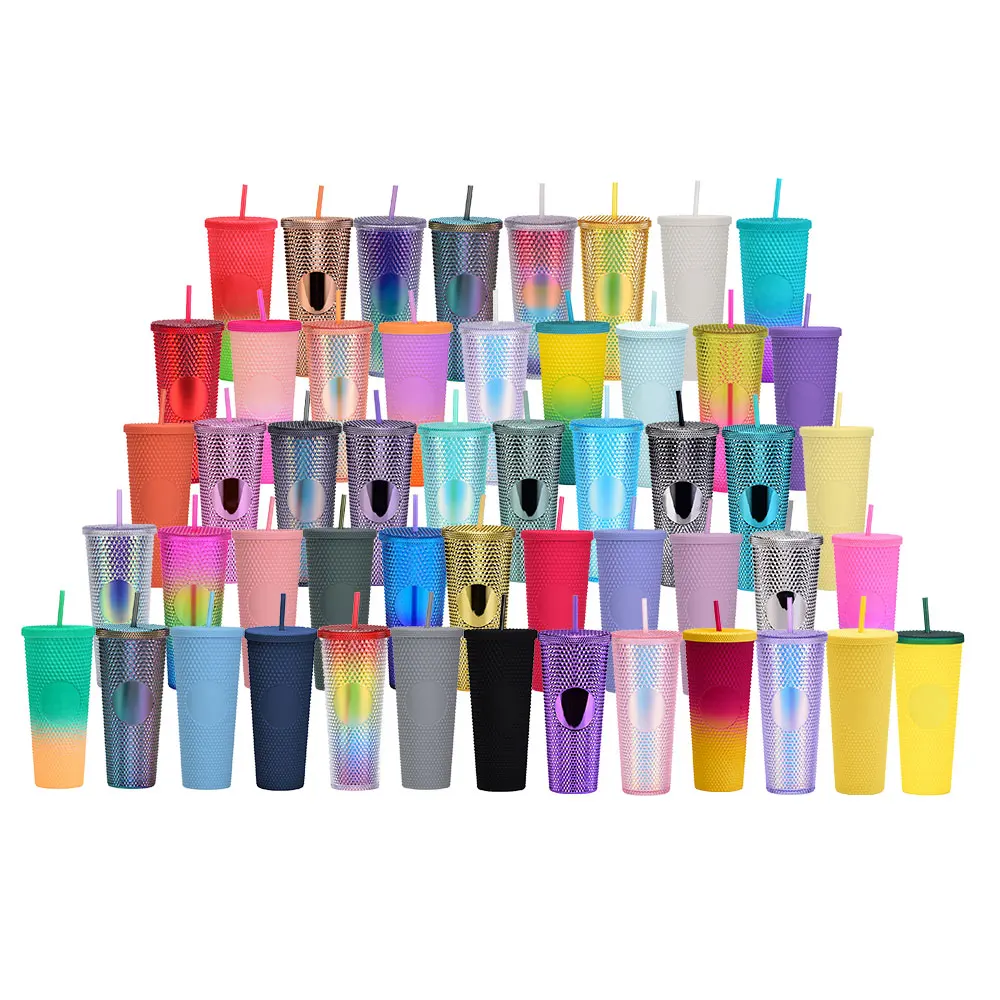 Customize diamond tumblers double wall insulated reusable 24oz cup double wall matte plastic studded tumbler with lid and straw