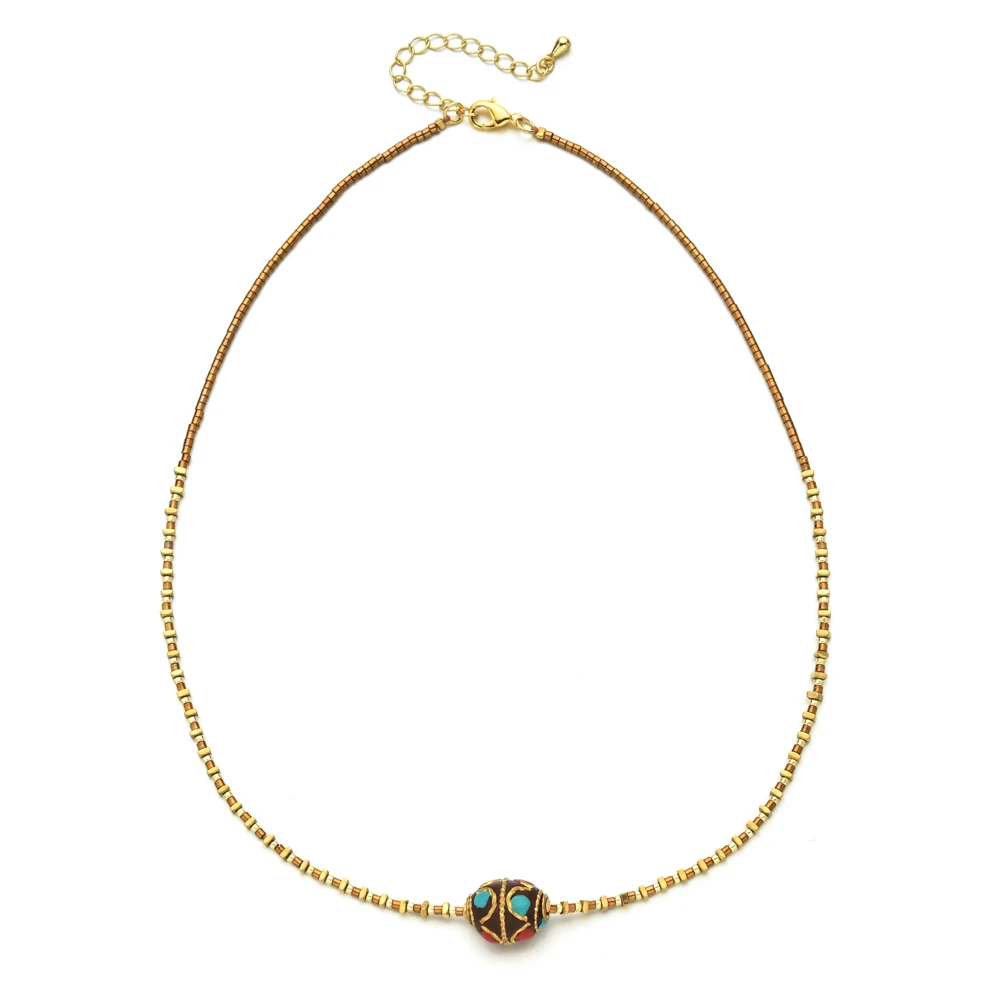 ZMZY Ancient gold Plated Retro Nepal Tibet Beads Enamel Handmade Necklace Boho Buddhist National Style Pendants Choker Gift