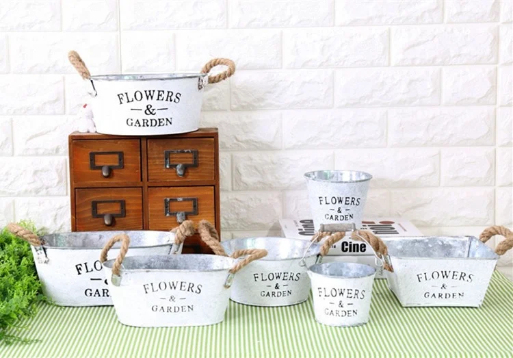 Pastoral Iron Hemp Rope Handle Hanging Bucket Indoor  Decoration Retro Flower Pots in Bulk