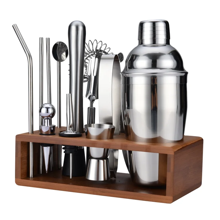 
Premium 550ml 18oz bamboo stand 13-piece stainless steel cocktail shaker set 