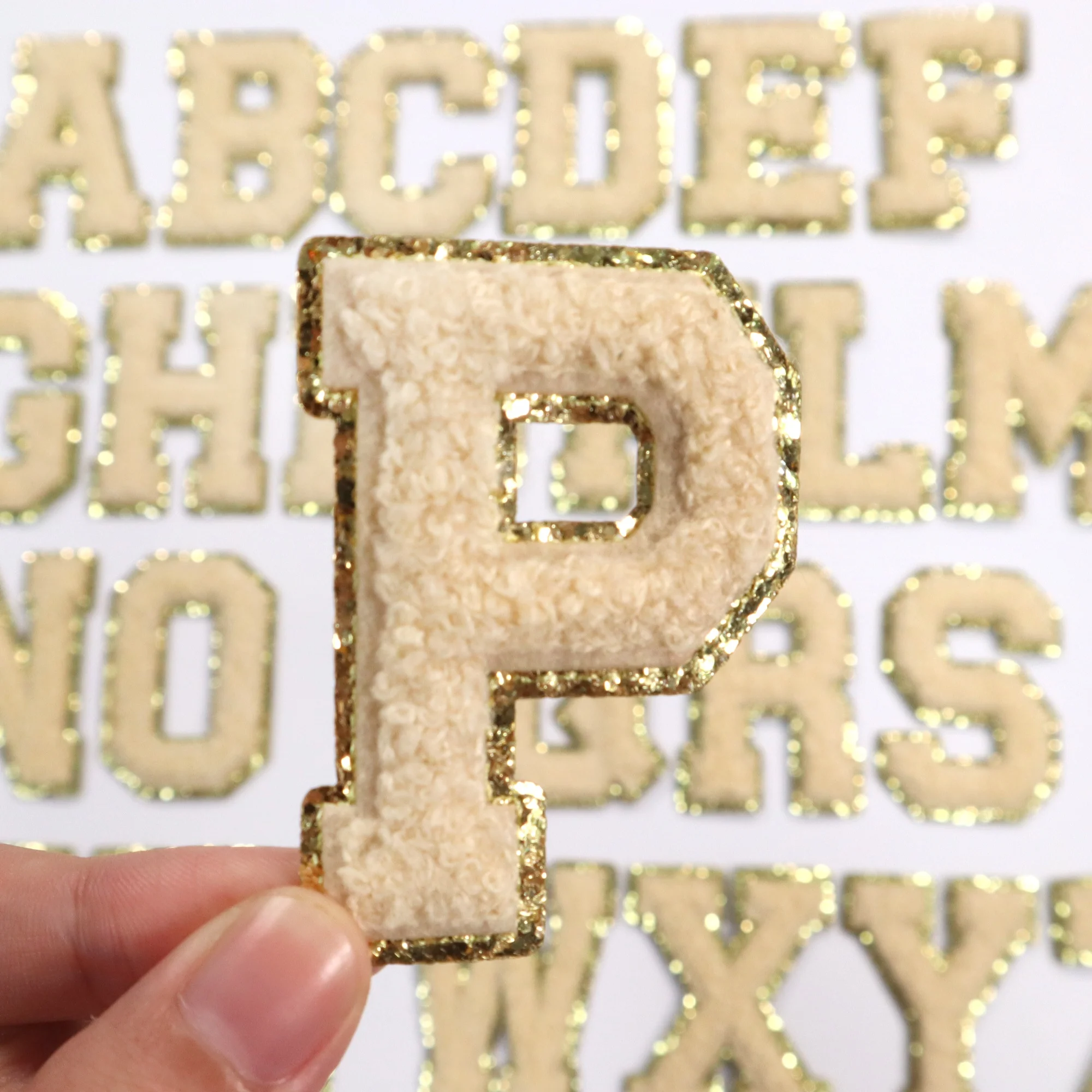 A-Z Towel Chenille Alphabet Custom Embroidery Varsity Gold Glitter Patch Iron On Chenille Letters Patches