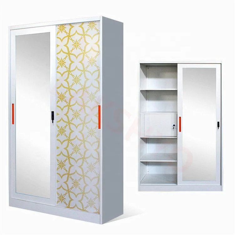 Stainless Steel 2-Door Wardrobe with Sliding Metal Doors Home Furniture Flower Print Storage Cabinet or Lemari Besi