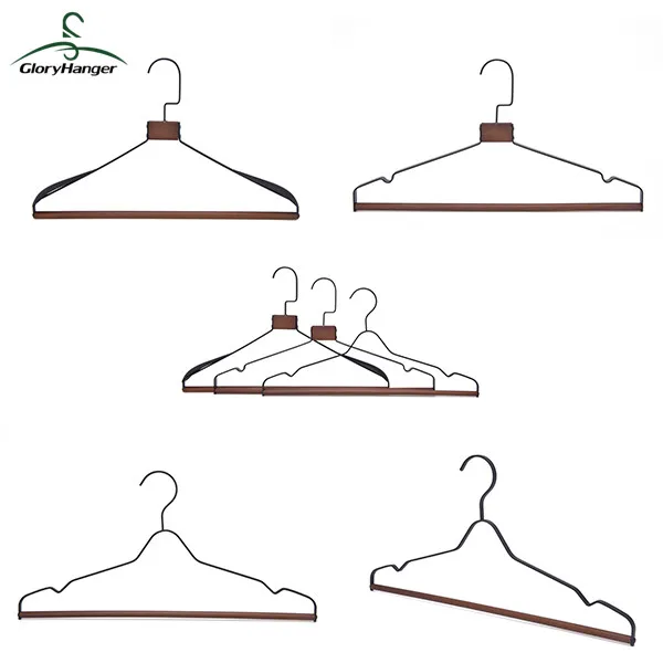 Factory Manufacturer Custom Metal Black Metal Clothes Hanger with  Wood Pants Bar