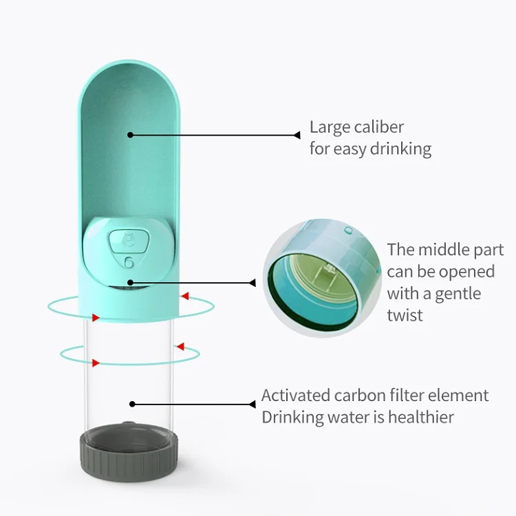 Easy carry convenient outdoor travel pet plastic portable dog drinking water bottle 300ml with activated carbon filter