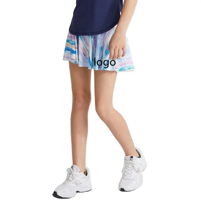 New girls pleated printed skirt children sport mini nude breathable mesh waist skirts with shorts tight badminton tennis set