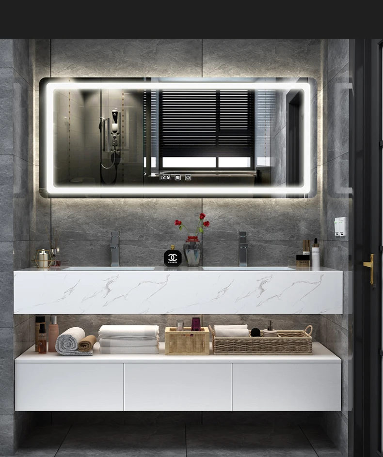 Waterproof Wooden Wall Mounted Wash Basin Vanity Mirror Sink Cabinet Modern Bathroom Furniture Marble Rectangular Table Top Sink