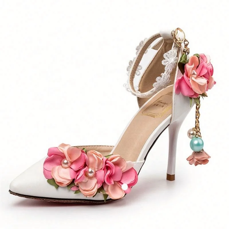 
2021 hot sell fashion luxury bling wedding party beach flower flora pumps white high heels bridal shoes 