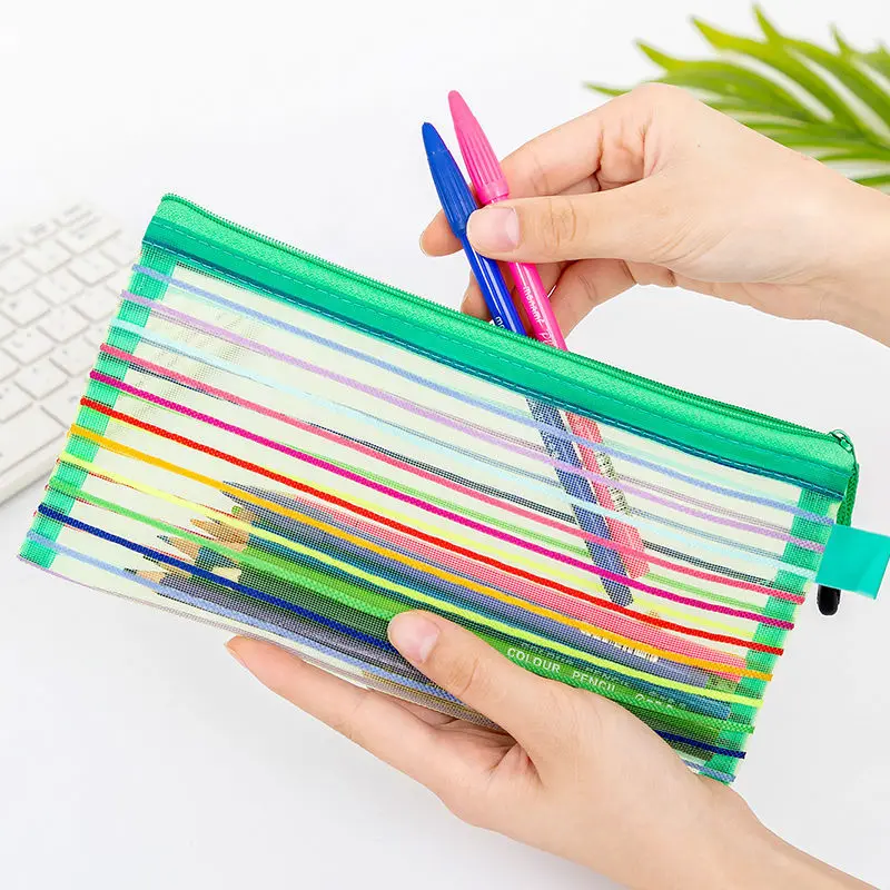 Portable Fabric Pencil Bag for Students Colorful Mesh Stationery File Organizer with Transparent Zipper