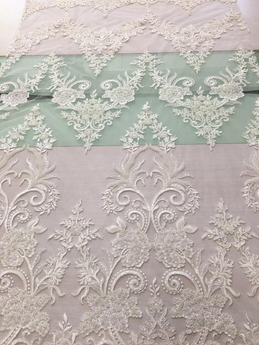 high quality machine beaded embroidered bridal lace fabric luxury embroidery beads sequins dress fabric