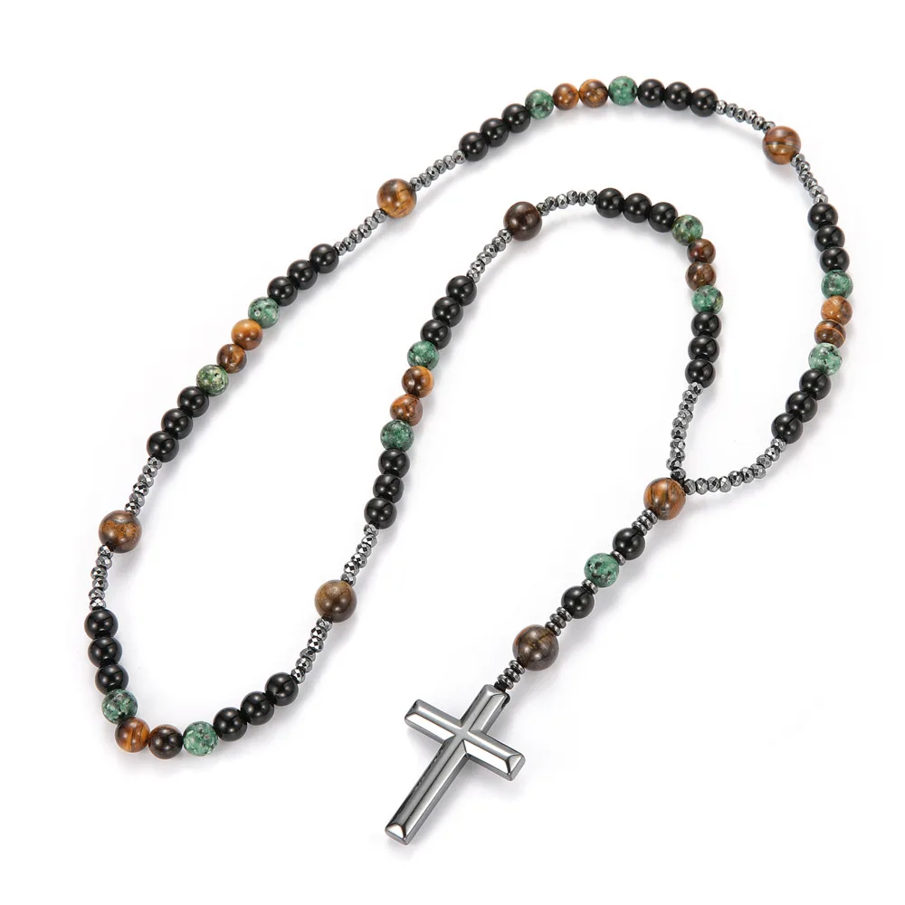 Yiwu DAICY vintage Natural stone Tiger Eye necklace men rosary necklace personalized Long Cross Necklace
