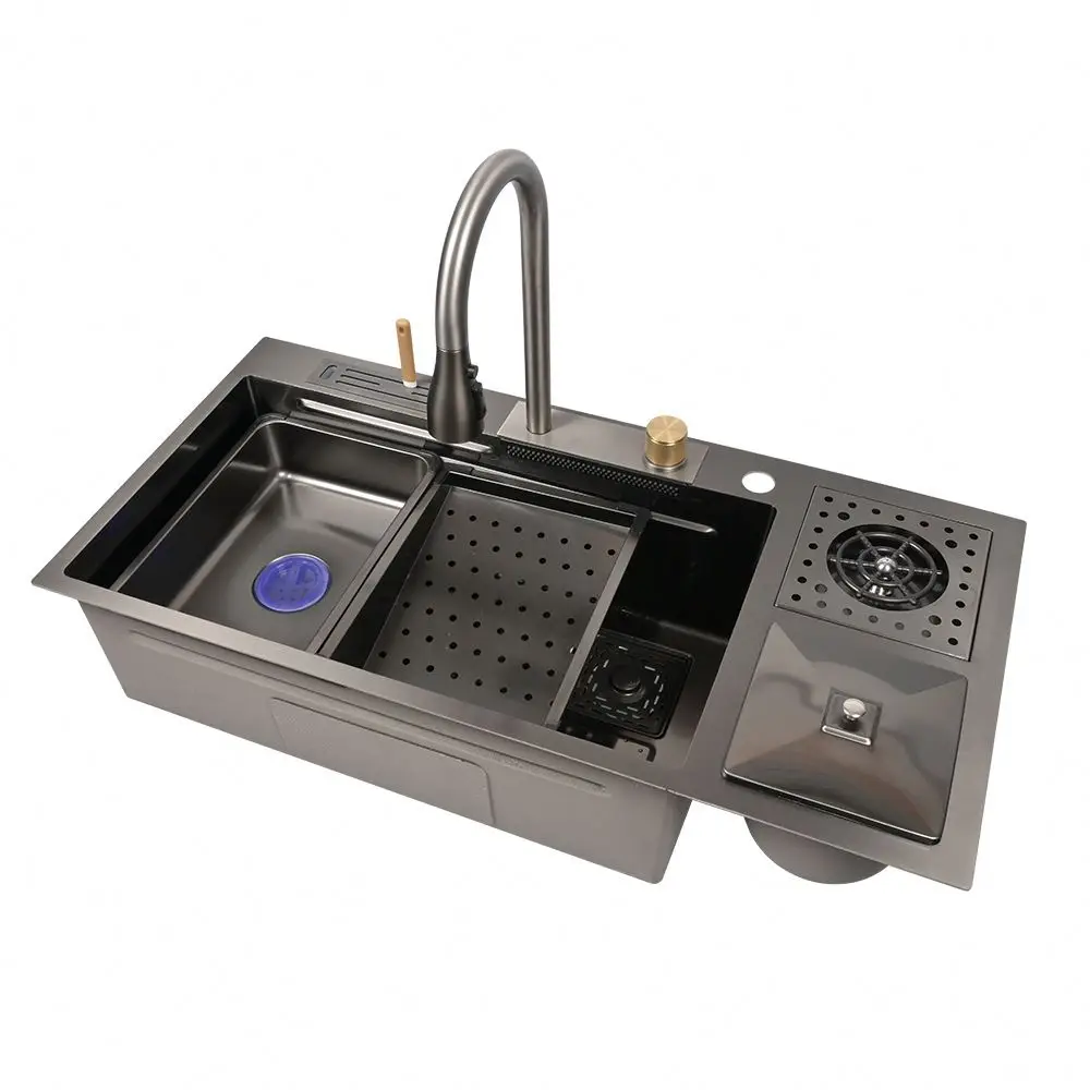 Voriva Luxury Waterfall Kitchen Sink Stainless Steel China Farmhouse Sink Big Single Bowl with Dish Rack Under Mount Sinks