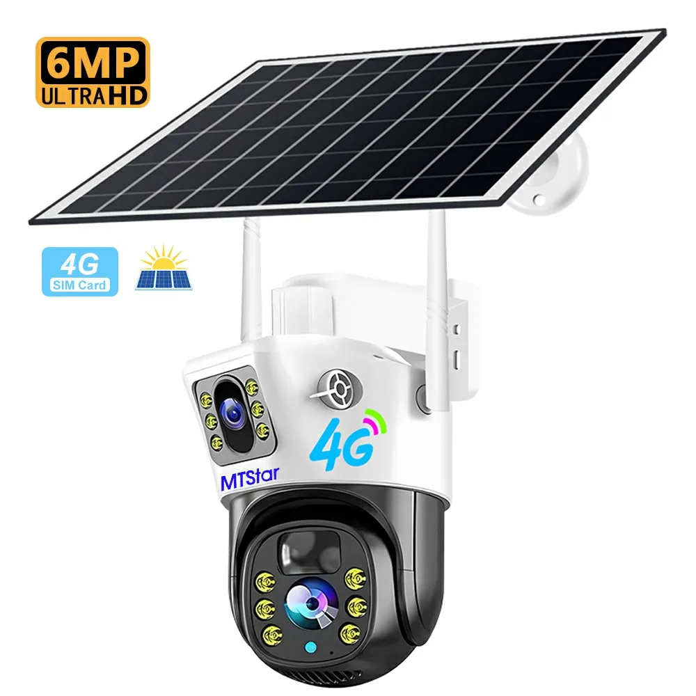 Dual lens 6MP solar camera Network Camera With Motion Detection 4G Dudl Lens Solar 2.8 inch Barrery PTZ Camera with Bracket