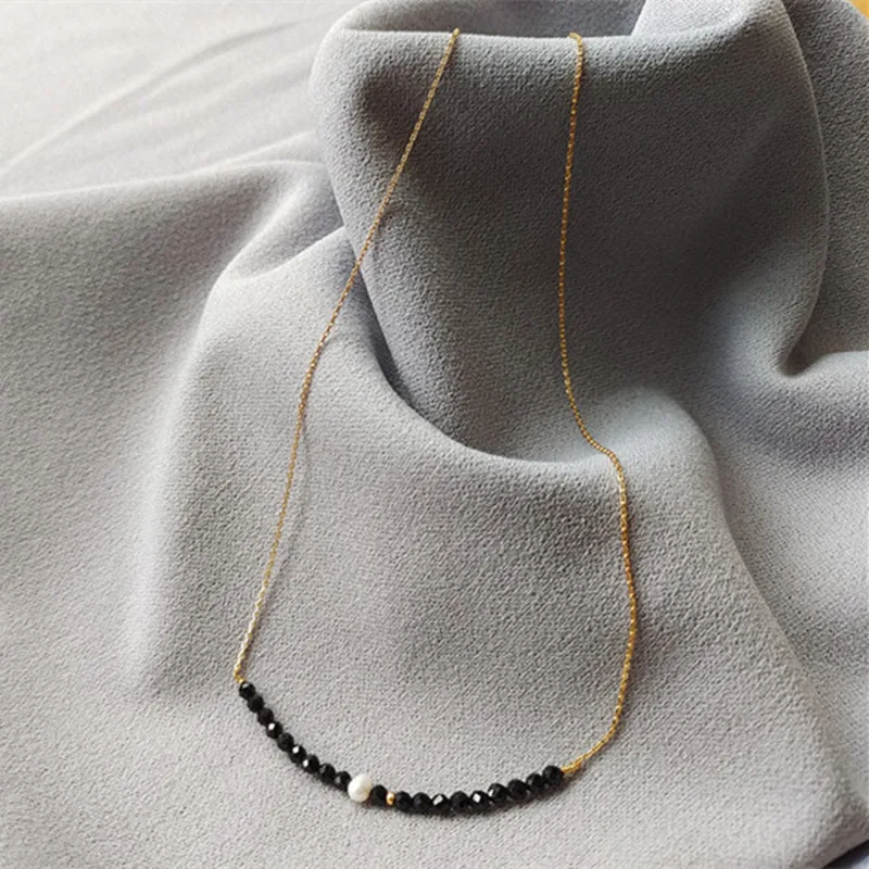 Minstone Creative Design 18k Gold Plated Jewelry Necklace Handmade Black Spinel Beaded Pendant Necklace for Women