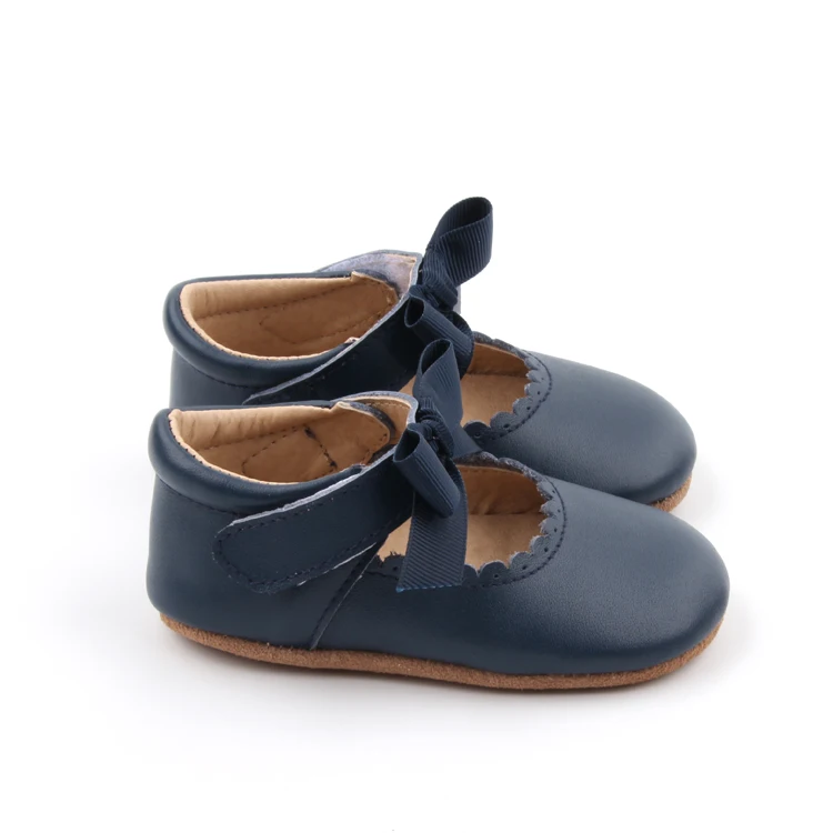 BEIBEINOYA Bowknot Hook And Loop Navy Blue Leather Sizes 2 To 5 Soft Sole First Walker Shoe Baby Dress Shoes For Girls