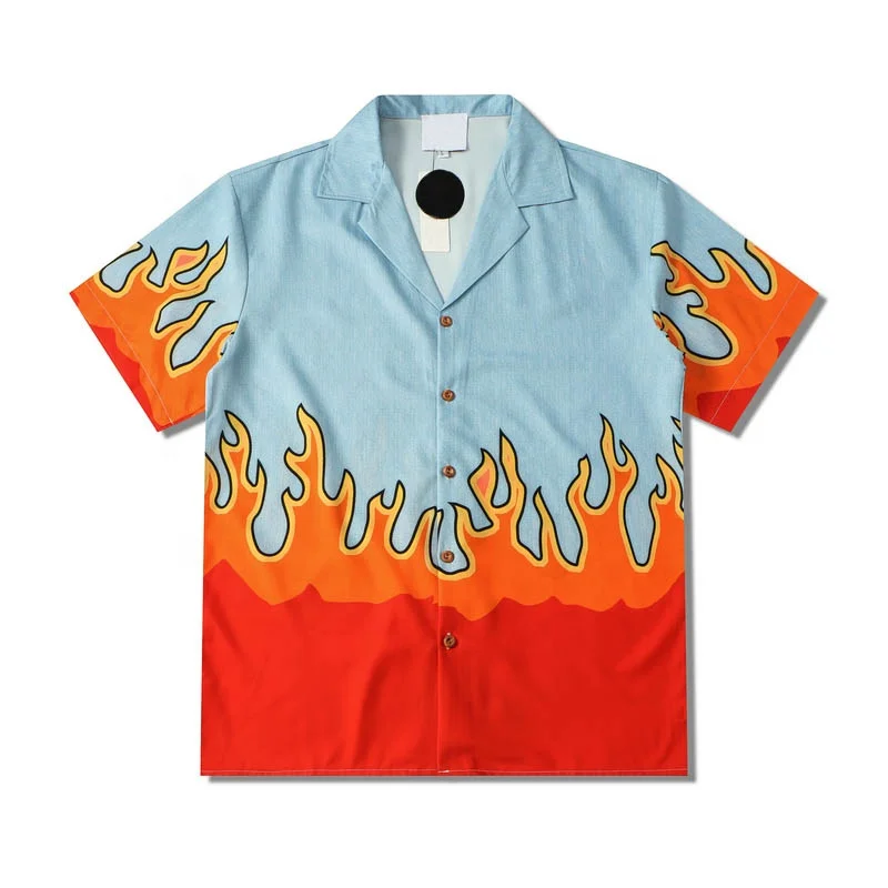 flame men summer thin material holiday beach hawaiian shirts button up shirt